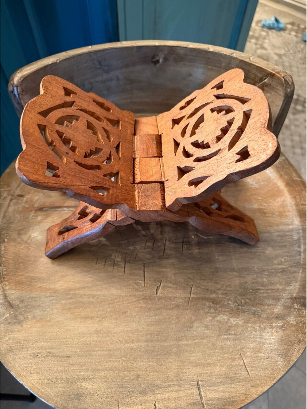 Carved Wooden Folding Book Stand with Floral and Geometric Motifs